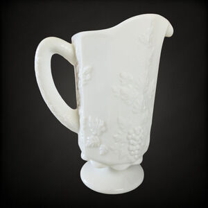 1940s Vintage Milk Glass Pitcher Heavy Footed Pedestal Base Grape Embossed 28oz